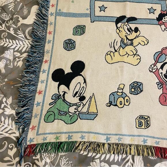 90s Vintage 45” x 53” Disney baby blanket fringe blue white Mickey Mouse toys - Picture 5 of 10